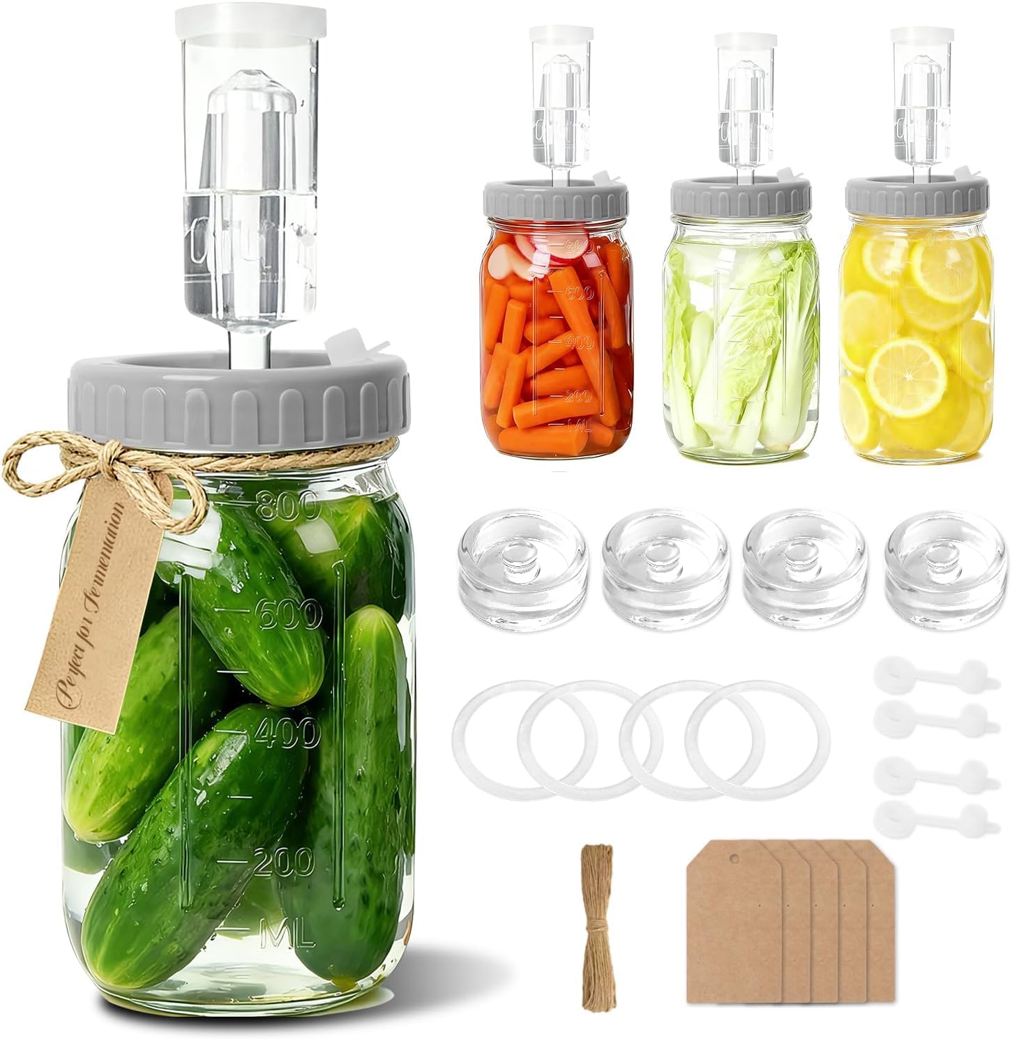 Myrthra 4 Pack Fermentation Jar Kit, 32 OZ (946ml) Fermentation Set with Silicone Lids, Airlocks, Glass Fermentation Weights & Labels for Sauerkraut, Kimchi & Pickles