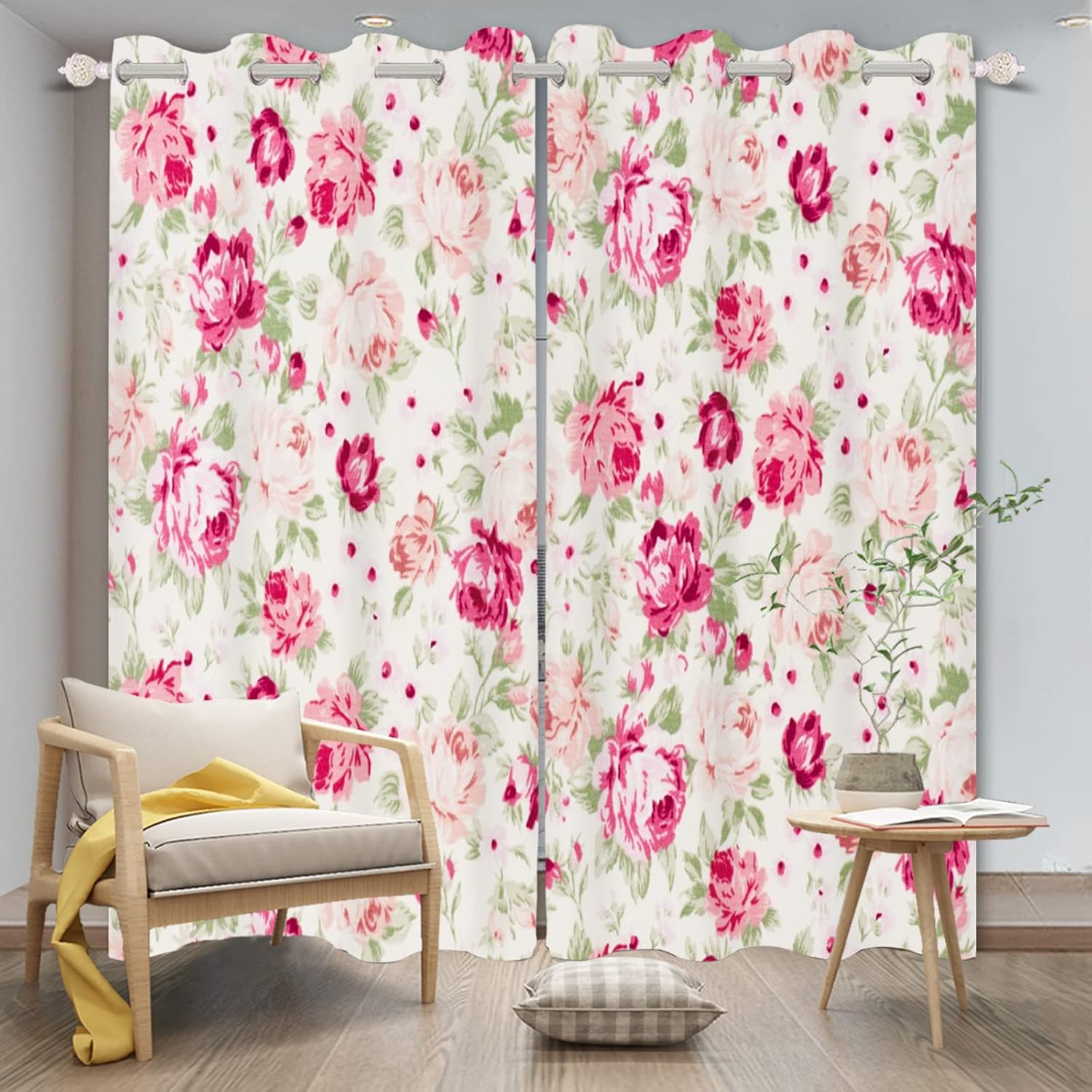 21x45 Inch Flower Blackout Curtains Romantic Rustic Rose Pink Blossoming Peony Floral Green Leaves Botanical for Living Room Bedroom Window Drapes 2 Panel Home Set with Holes