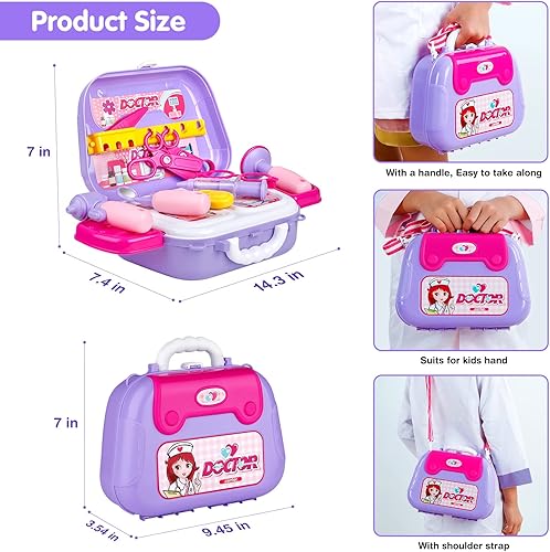Miniatura 10 de Kit de médico para niños, kit de doctores rosa para niños, 22 piezas, regalo de juego de doctor para niños, juego de juguetes médicos con juego de