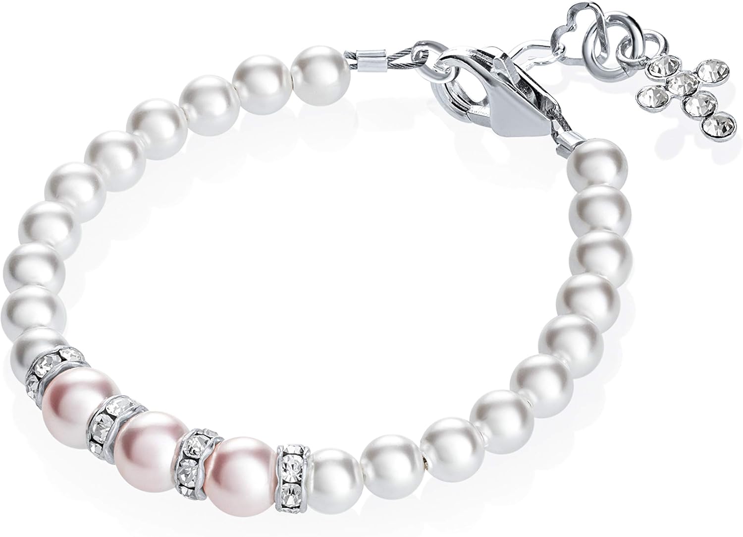 Communion Sterling Silver Cross Charm with Pink and White European Simulated Pearls Luxury Baby Girl Bracelet (BCRWP)