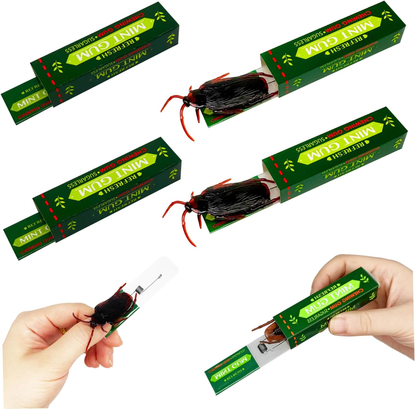 4Pcs Prank Gum Funny Realistic Roaches Shock Gum Practical Joke with Package Shocking Prank Toys for Halloween Fool's Day Party Favors