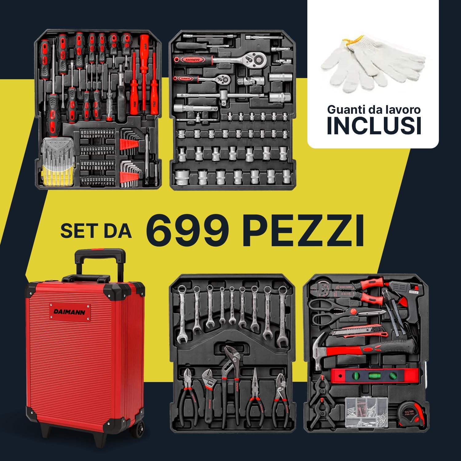 Wintem - Trolley Porta Attrezzi CraftyCart 699 Pezzi con Vassoi Organizzativi e Manico Telescopico, Cassetta Compatta per Uso Professionale e Domestico, Utensili in Acciaio Resistenti (Rosso)