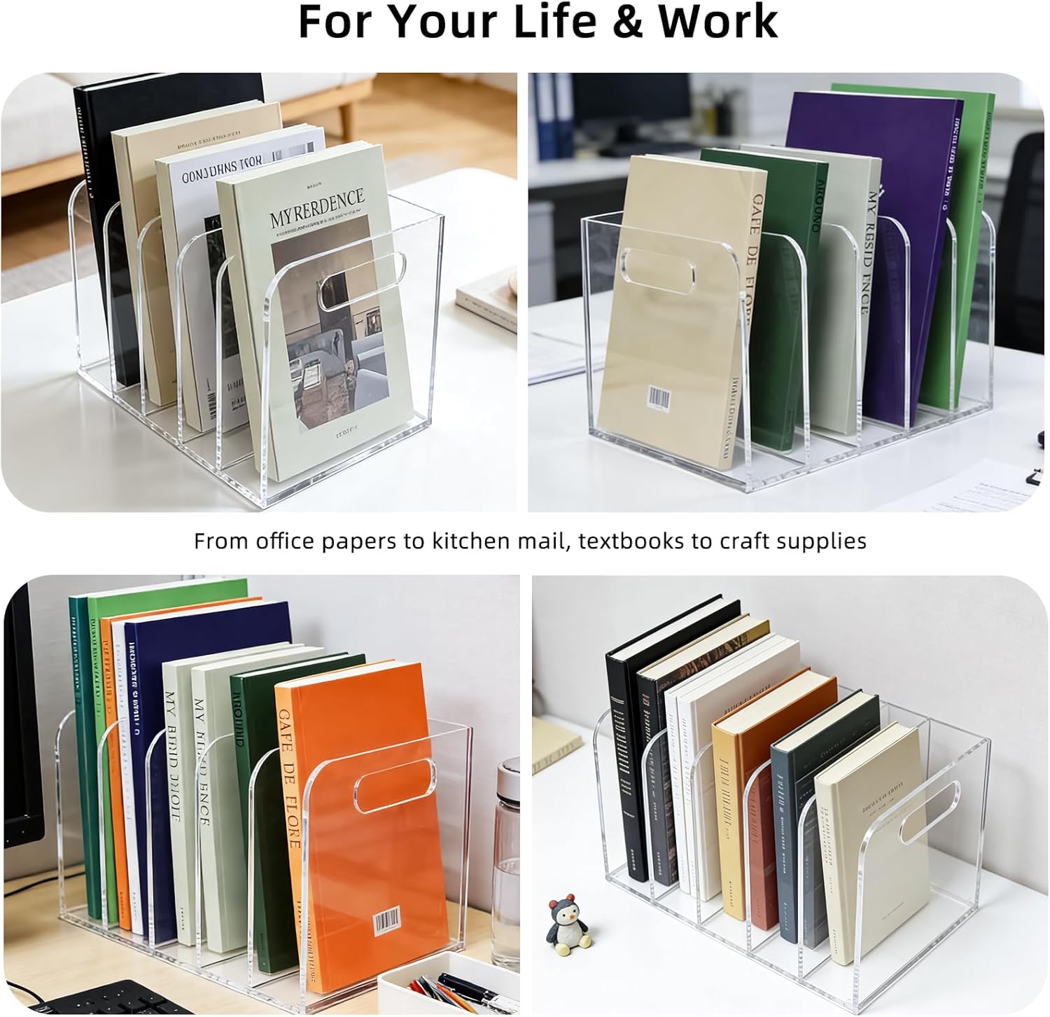 Acrylic Magazine File Holder, 5 Vertical Compartments Desk Document Sorter Organizer, Clear Folder Rack Binder for Office/Documents/Classroom, for Home, Tablet, Magazines, Books & Accessories