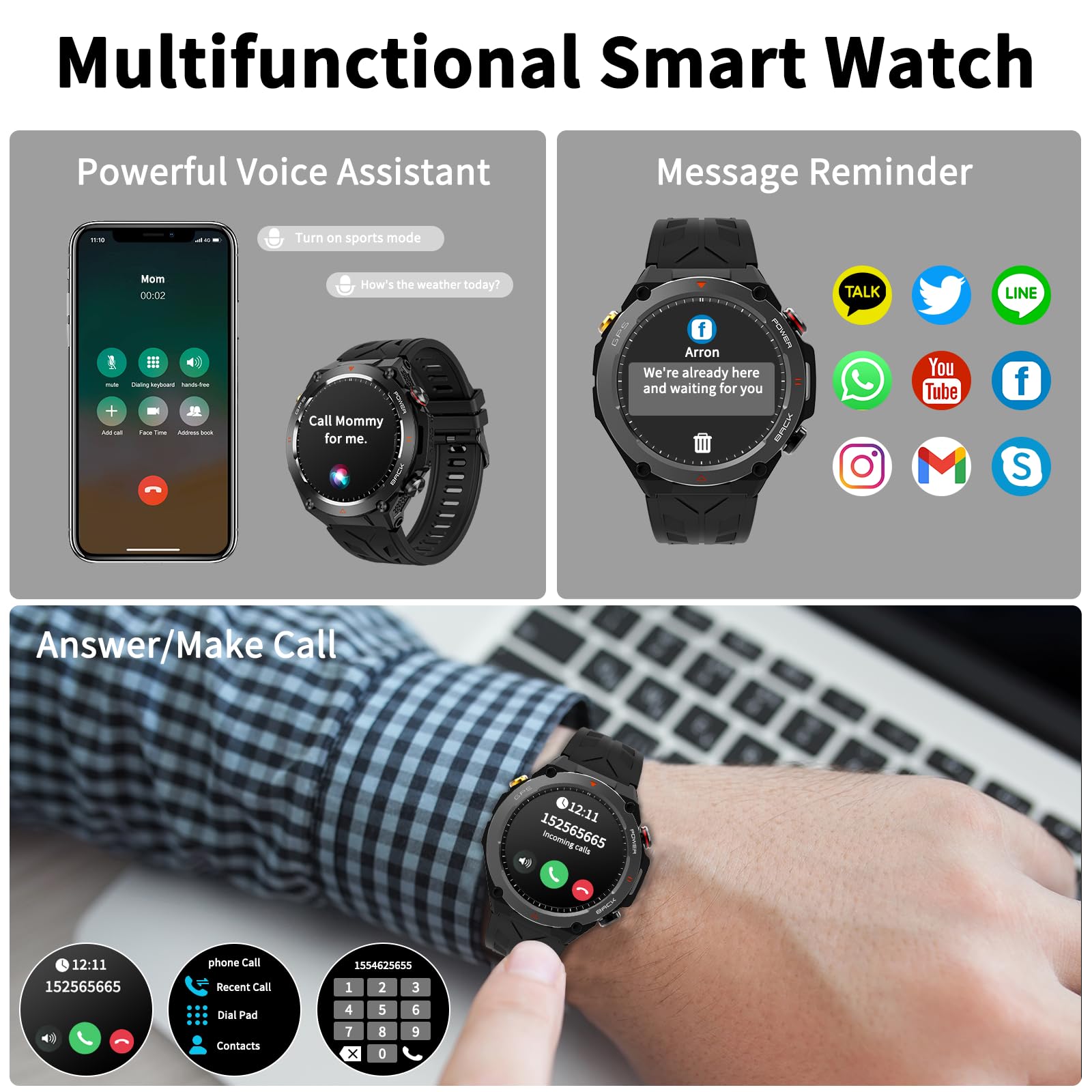 Reloj inteligente militar con GPS, presión/altitud/brújula, reloj inteligente resistente para hombres con batería extra grande de 650 mAh, contestar/hacer llamadas, más de 100 modos deportivos