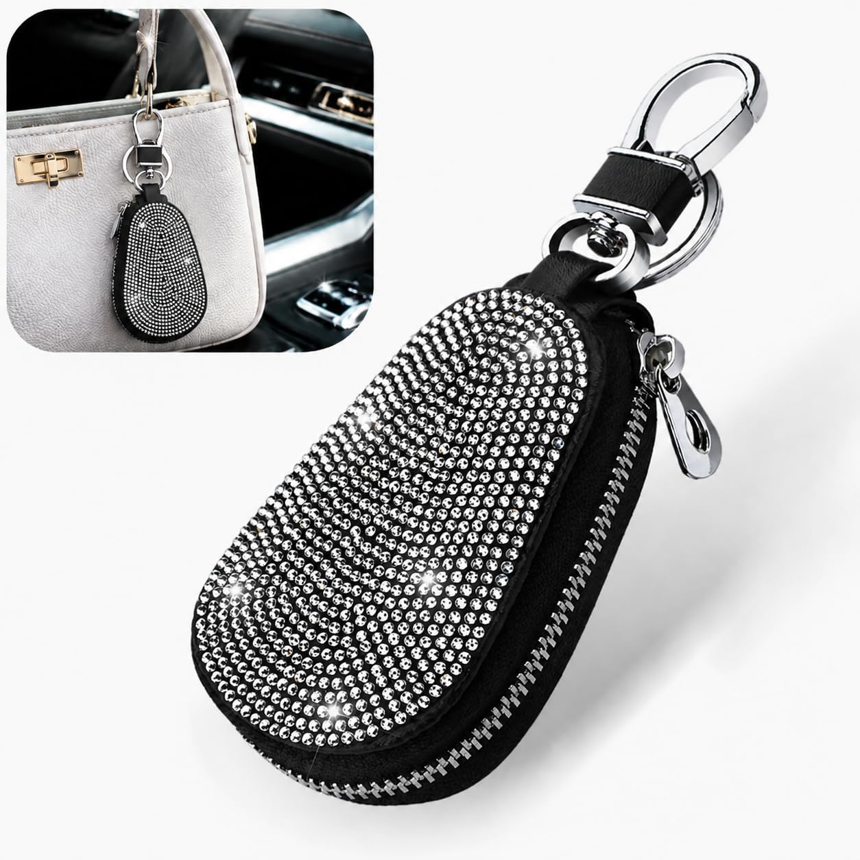 Car Key Chain Case, Bling Rhinestone Zipper Closure Car Key Fob Cover, Leather Portable Fashion Auto Smart Key Pouch, Universal for Most Cars, SUVs (Black)