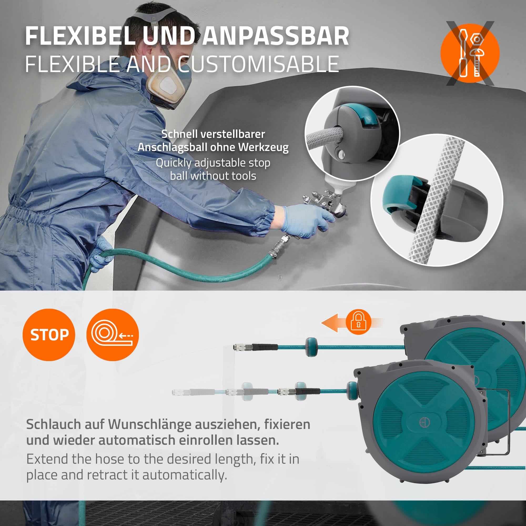 ECD Germany Druckluftschlauchtrommel 20m+2m, Automatischer Aufroller mit Arretierfunktion, 1/4" Anschluss, Schnellkupplung, 15 bar, 180° schwenkbar, Ø12mm, Automatik Schlauchaufroller für Wandmontage