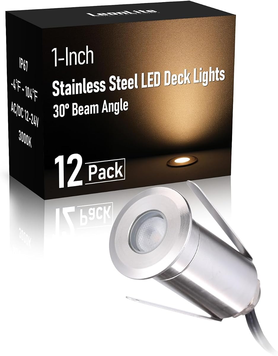 LEONLITE Paquete de 12 luces empotrables de bajo voltaje de 3000 K, apertura redonda plana | Luz LED para escaleras de paisaje, 1 pulgada, 12-24 V CA/CC, CRI90, resistente al agua IP67, carcasa de acero inoxidable, blanco cálido, plateado