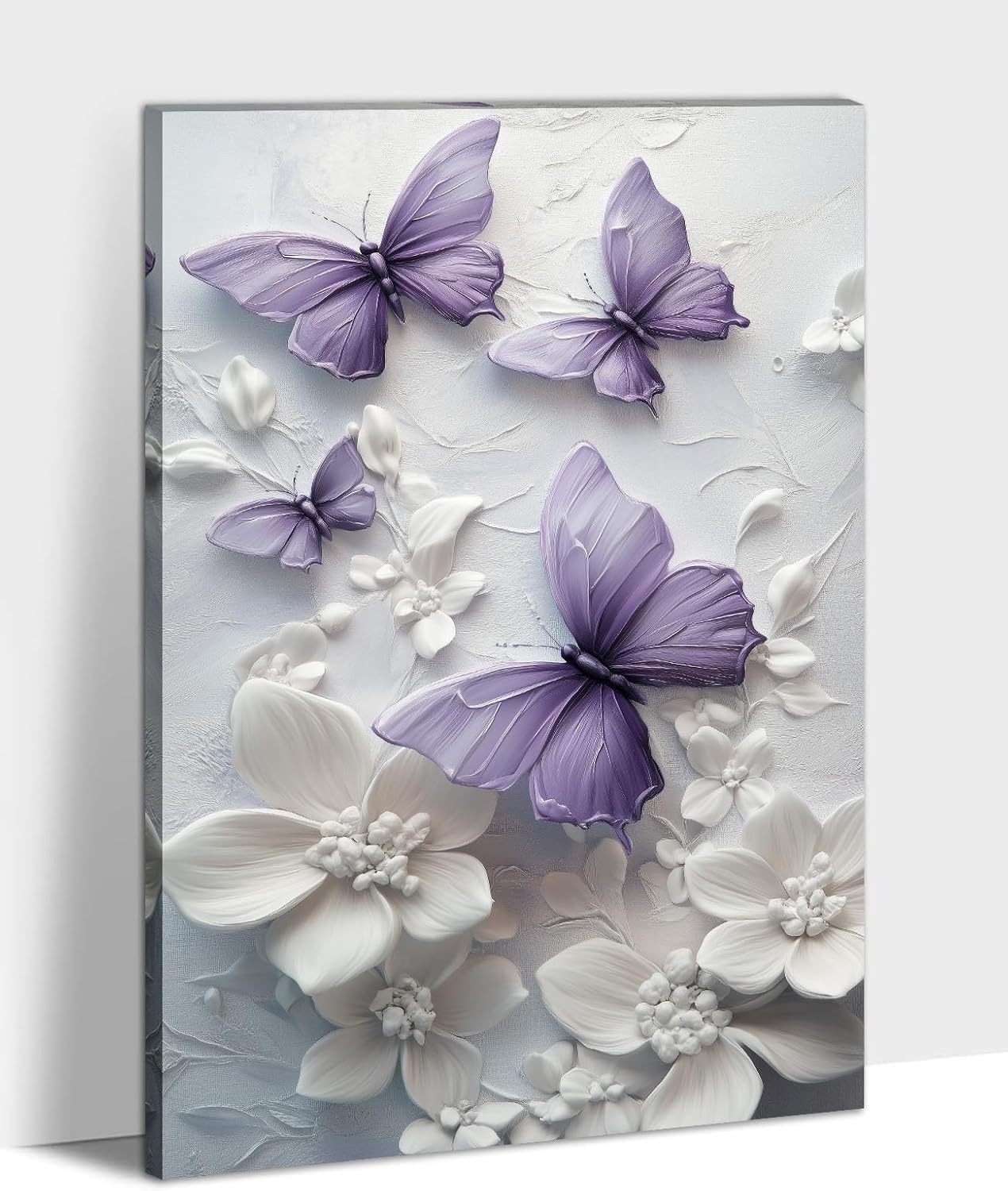 Butterfly Canvas Wall Art Flower Picture Purple Butterflies and White Floral Painting Prints Modern Artwork for Living Room Bathroom Home Office Decor Framed - 16"x24"