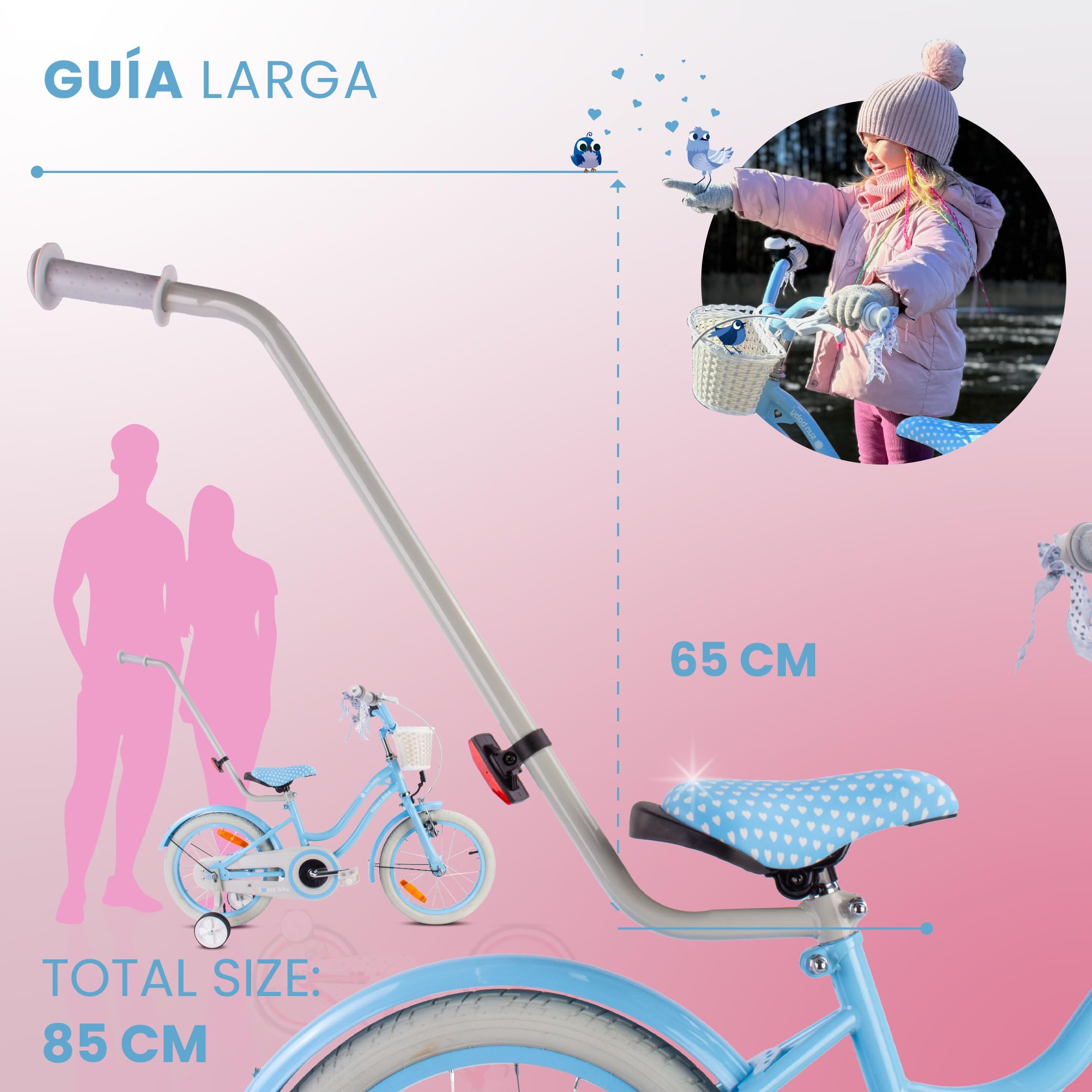 sun baby Bicicleta para niñas Heart Bike, tamaño de Rueda 12 14 16 Pulgadas, con Barra de Empuje Desmontable, Bicicleta Infantil para niñas de 2 a 6 años — view 3