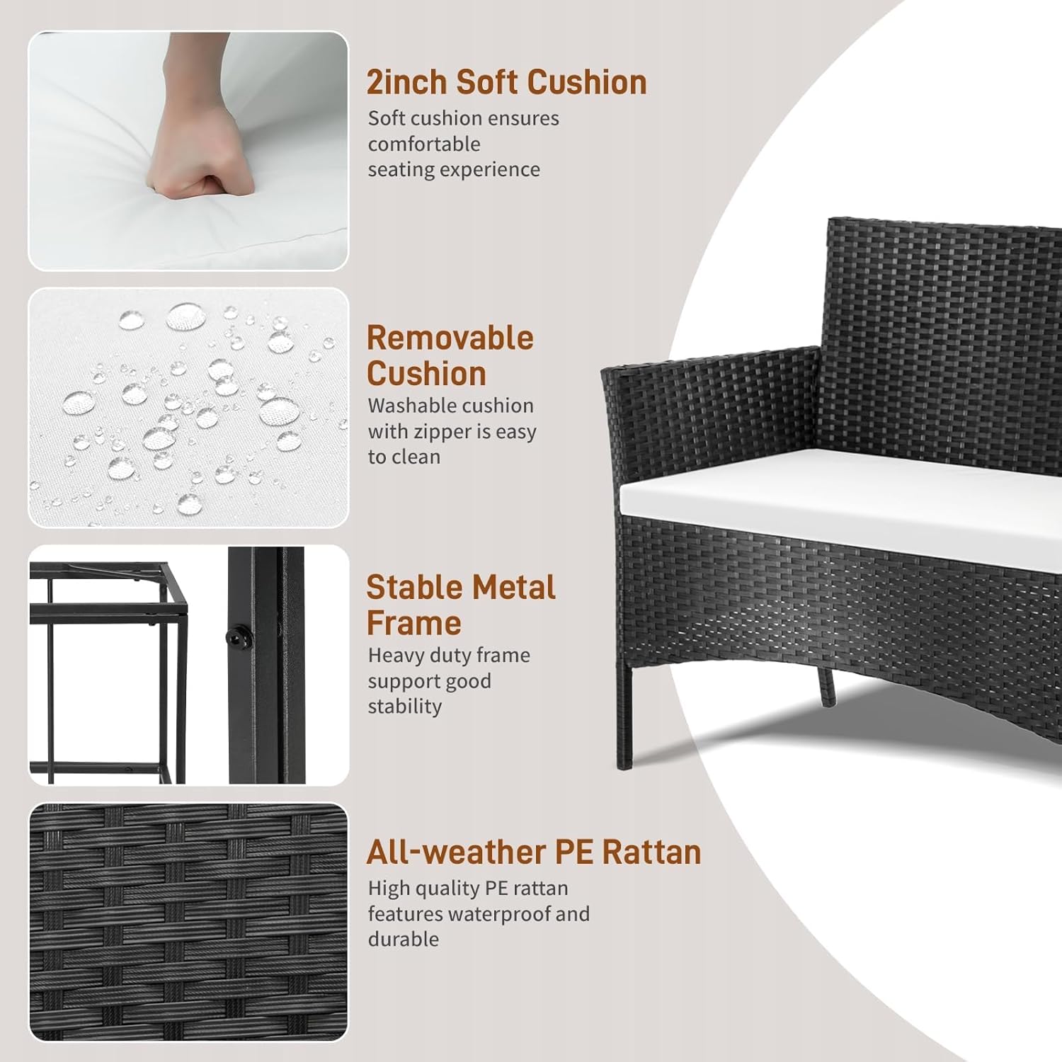 4 Pieces Patio Furniture Set Rattan Conversation Sets with Loveseat Soft Cushion and Glass Table Outdoor Furniture Sets for Garden Backyard Balcony Porch Poolside(Black)