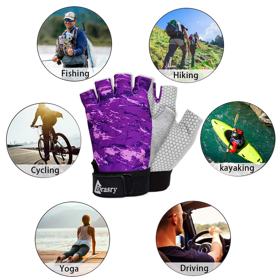 Drasry Gants de pêche UV sans doigts pour homme et femme, protection solaire UPF50+SPF pour la pêche, le kayak, la pagaie, la randonnée, la voile, l'aviron, la conduite, le canoë