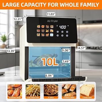 10 QT Beige Air fryer Oven & Multifunctional Digital Rotisserie | Removable,Easy to clean,Glass,Visible window Dehydrator,Convection Oven,Touch Screen Presets Fry,LED Display,Roast,Bake,400F