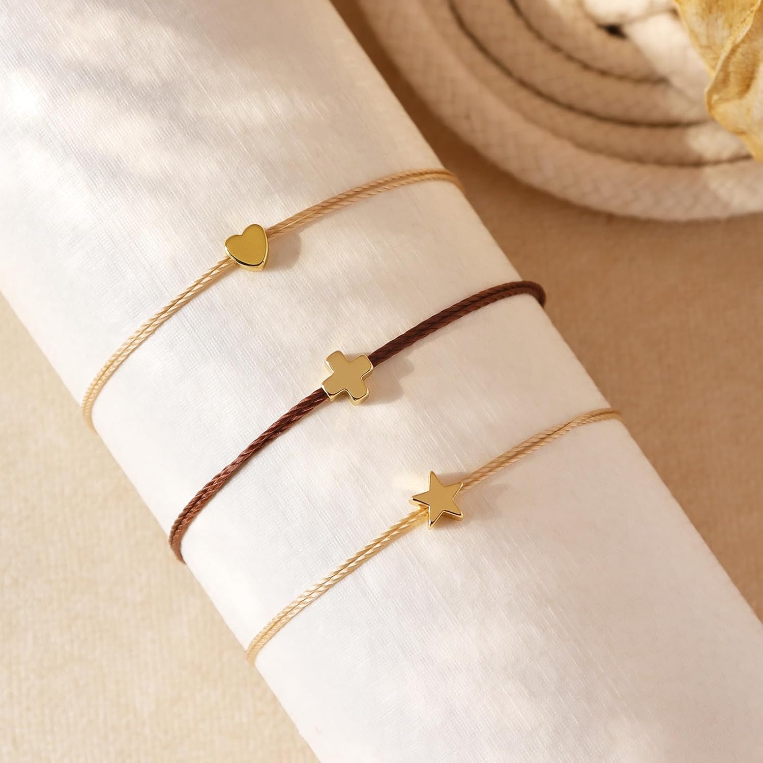 Gold Cross Star Heart Bracelets Set for Women, Boho 3Pcs Handmade Adjustable Stackable Golden Cylinder Beaded Strand Bracelet Fashion Jewelry Gift. - Image 4