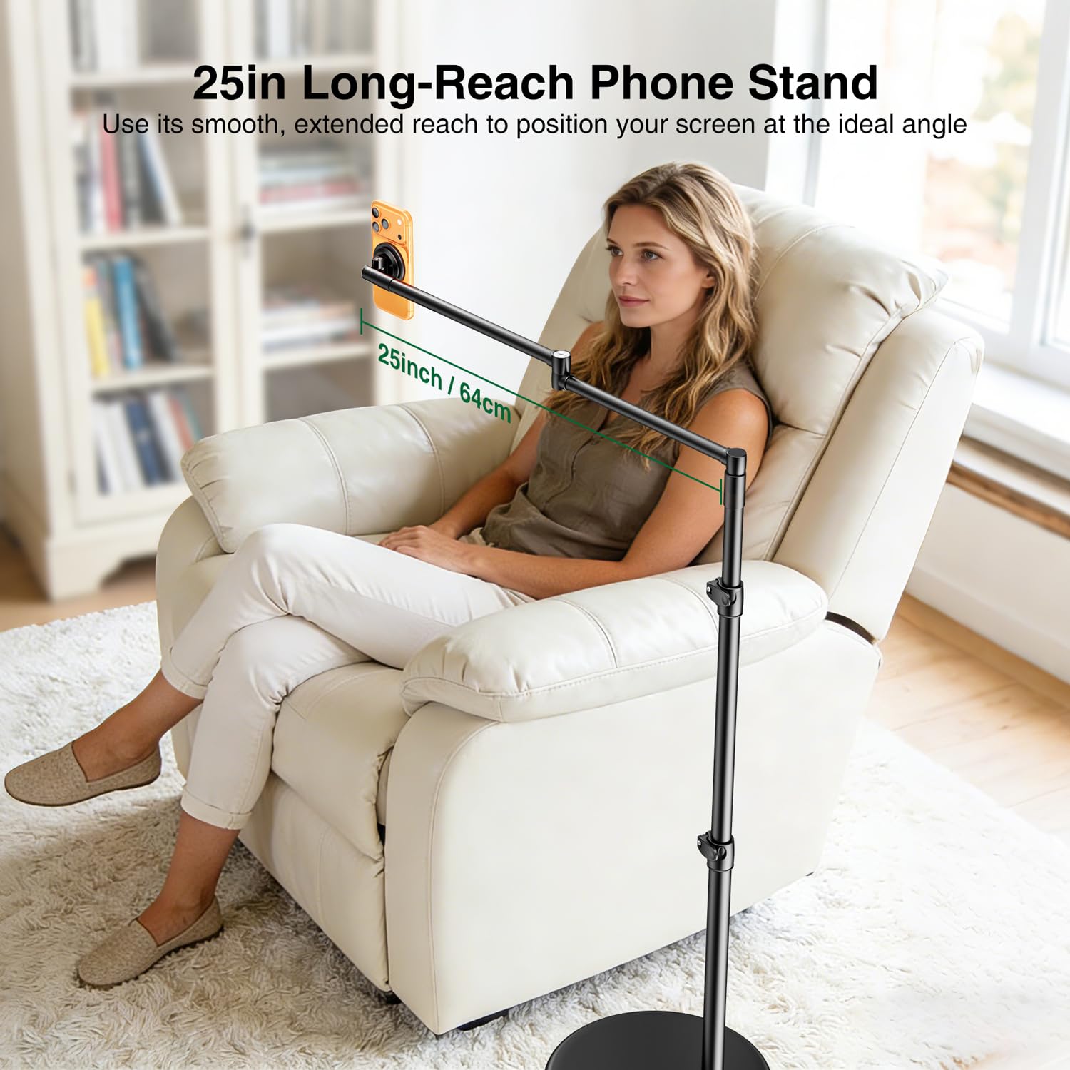 elitehood Soporte magnético fuerte de aluminio para teléfono para cama con base resistente, brazo de 25 pulgadas de largo, soporte de iPhone resistente para cama, sofá reclinable, soporte de teléfono
