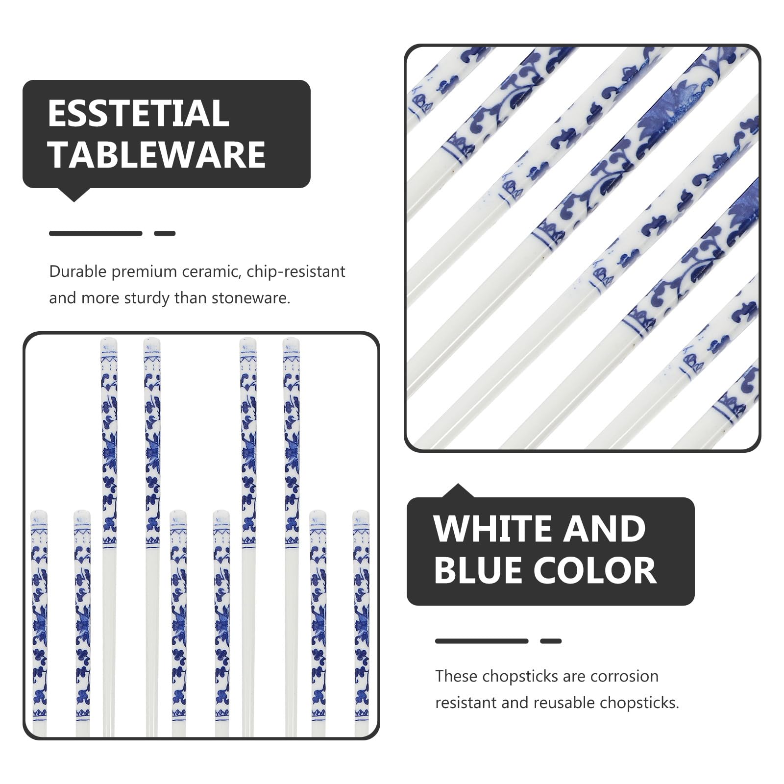 Toyvian Palillos 10 Pares Reutilizables y Resistentes a Astillas de Cerámica Azul y White Diseño Tradicional Chinos para Sushi y Cenas en Casa