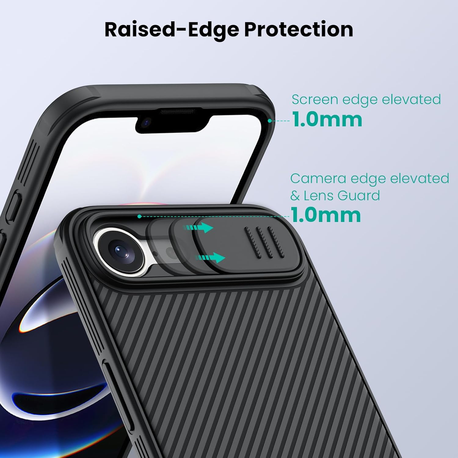 Illustration of the Nillkin case showing 1.0mm raised edges around the screen and camera for enhanced protection.