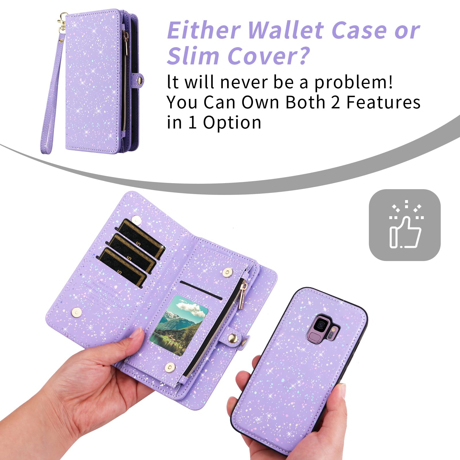 Asuwish Coque de téléphone pour Samsung Galaxy S9 Fermeture éclair Portefeuille magnétique amovible avec protecteur d'écran en verre trempé et porte-cartes à paillettes Support Accessoires cellulaires