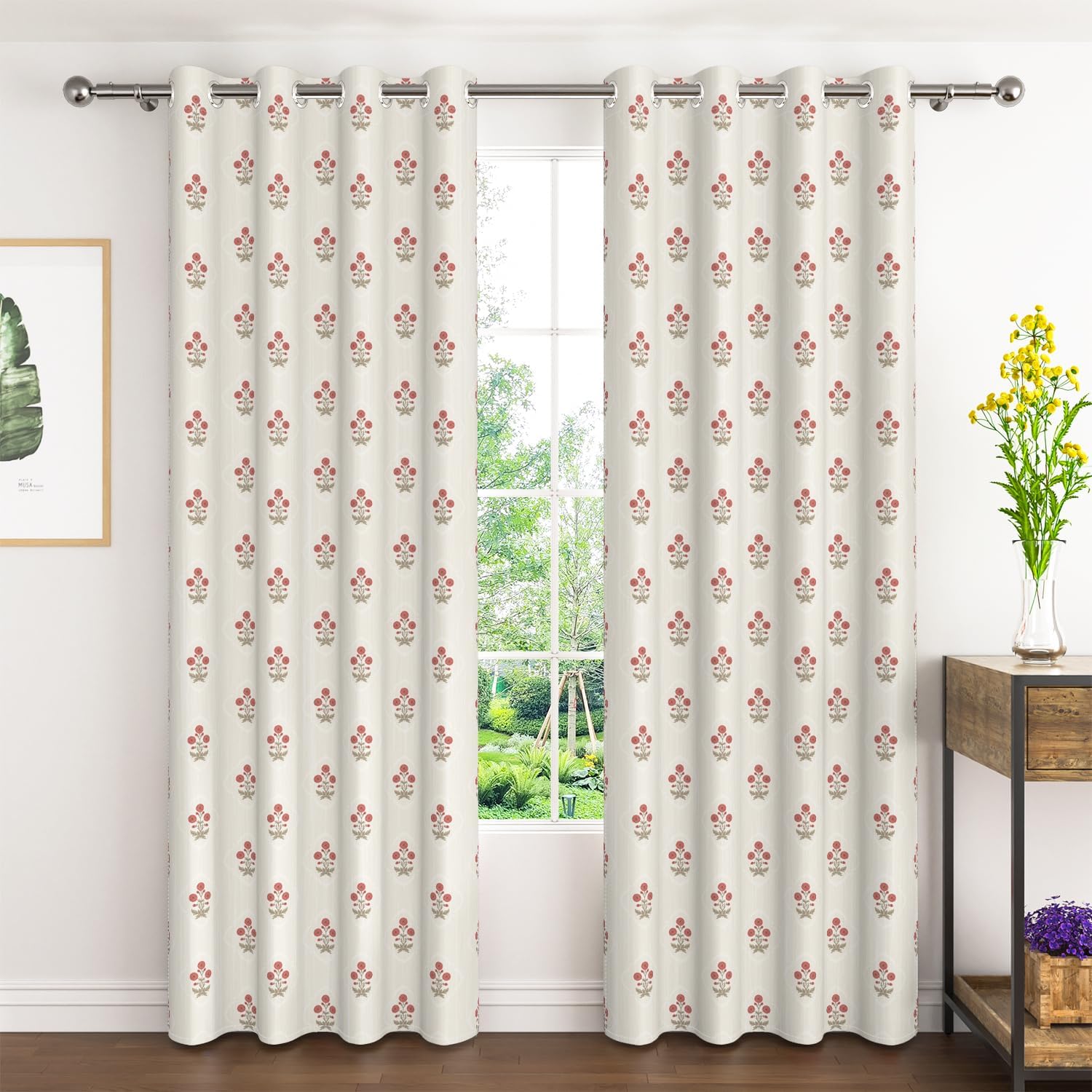 Red Floral Blackout Curtains 84 Inch Length 2 Panels Set for Bedroom, Boho Farmhouse Window Curtains, Cottage Farmhouse Thermal Insulated Drapes for Living Room Home Decor