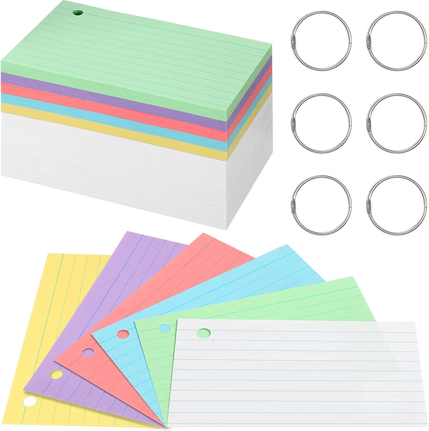 300 Pieces Index Cards Flash Cards with Rings Punched Index Cards Flashcards On a Ring for Studying Ruled Color Note Cards for Adults Kids Home Classroom Office (3 x 5 Inch)