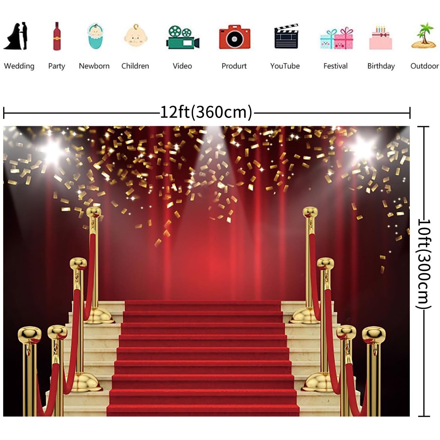 3.6x3m Fotohintergrund Roter Teppich Roter Vorhang Goldband Preisverleihung Fotografie Hintergrund VIP Filmabend Abschlussball Hochzeit Geburtstag Party Dekorationen Photo Booth Requisiten
