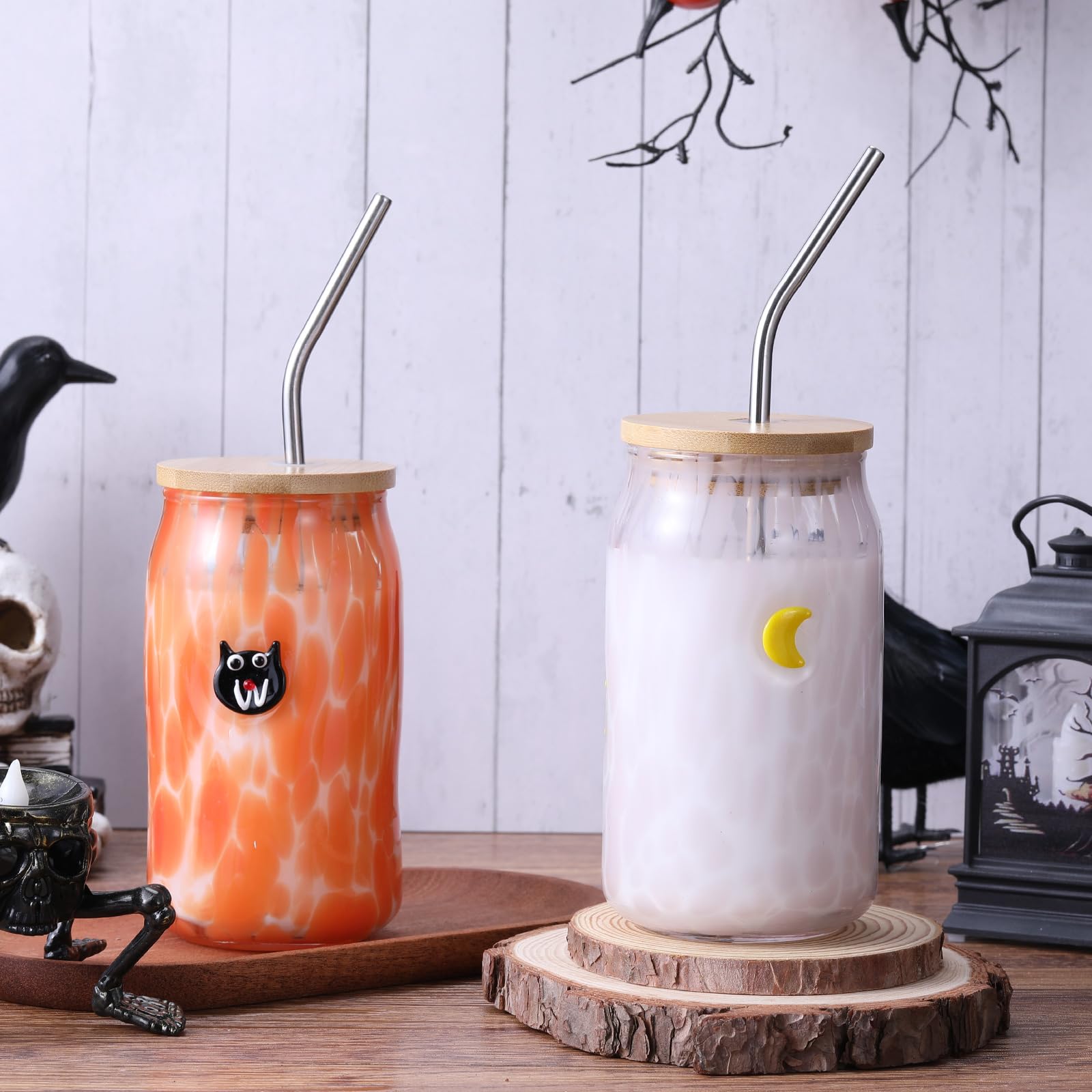 Honeydak 2 Pcs Icon Juice Glass Tumbler-18 oz Icon Can Shape Glass Cups with Lid and Straws, Coffee, Beer, Soda, Juice, Summer Drinking for Halloween Christmas Party Favors (Moon and Cat)