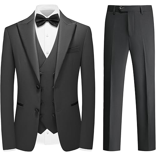 Mens Suit 3 Pieces Peak Lapel Blazer Slim Fit Tuxedo Formal Two Button Jacket Vest Pants for Wedding Prom
