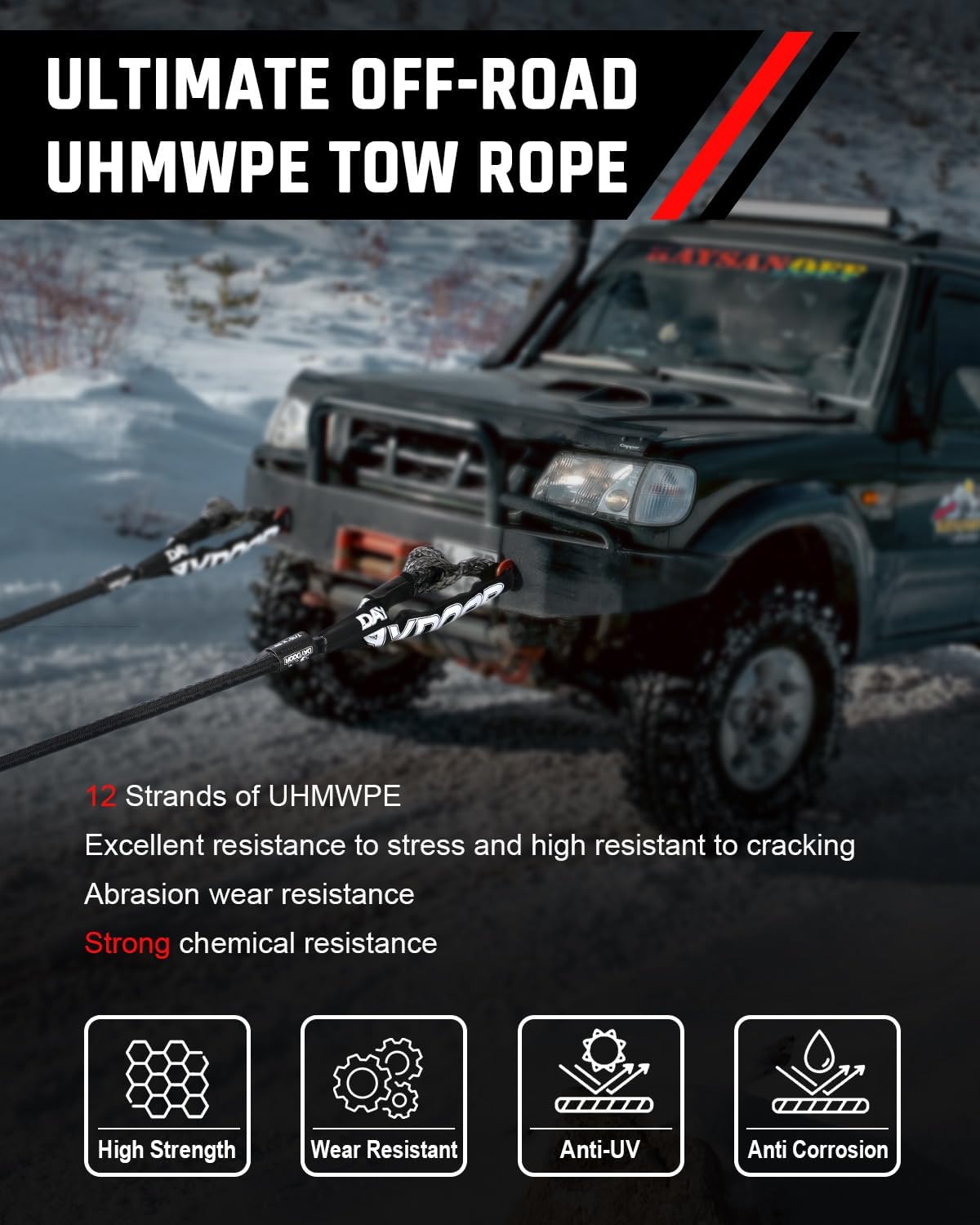 DAYDOOR Recovery Tow Rope, 7/16 Inch x 30 ft UHMWPE Heavy Duty Tow Strap with 2 Soft Shackles, 31,200 Lbs Synthetic Towing Rope Recovery Kit for ATV, UTV, SUV, Cars (Gray)