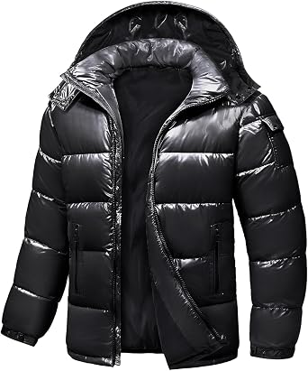 Mens Winter Puffer Jacket - Waterproof Shiny Quilted Coat Warm Thicken Ski Parka Insulated Outerwear with Hood