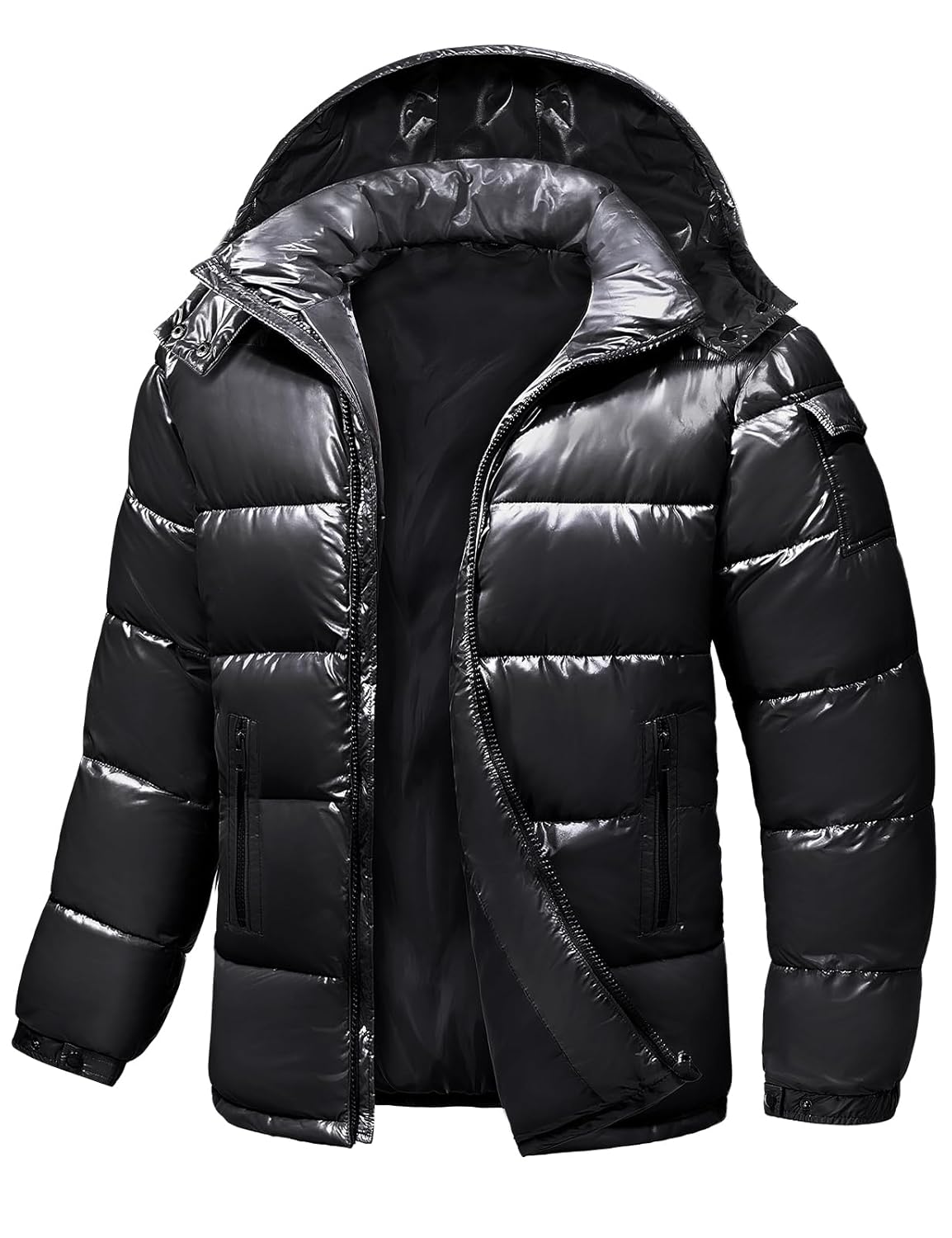 Mens Winter Puffer Jacket - Waterproof Shiny Quilted Coat Warm Thicken Ski Parka Insulated Outerwear with Hood