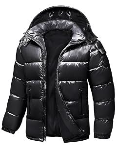Mens Winter Puffer Jacket - Waterproof Shiny Quilted Coat Warm Thicken Ski Parka Insulated Outerwear with Hood