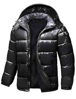 Mens Winter Puffer Jacket - Waterproof Shiny Quilted Coat Warm Thicken Ski Parka Insulated Outerwear with Hood