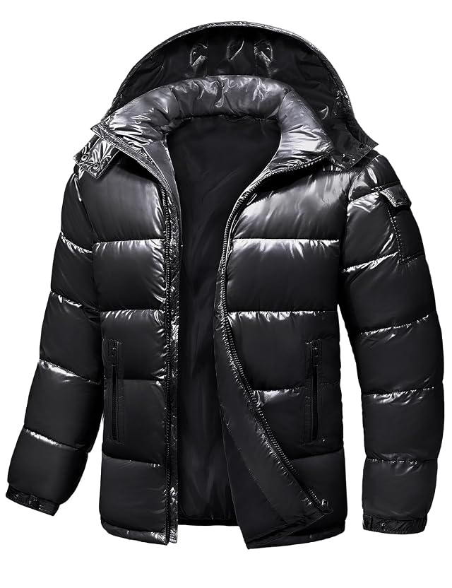 Mens Winter Puffer Jacket - Waterproof Shiny Quilted Coat Warm Thicken Ski Parka Insulated Outerwear with Hood