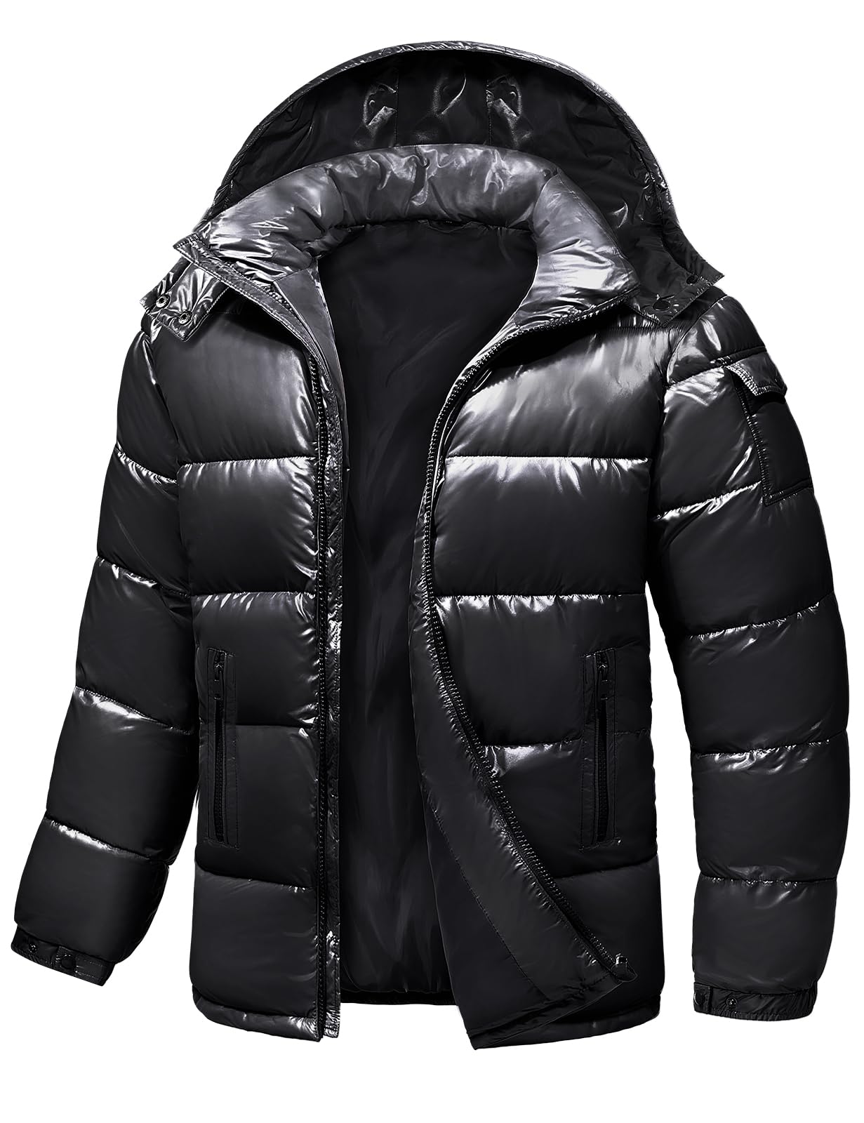 Mens Winter Puffer Jacket - Waterproof Shiny Quilted Coat Warm Thicken Ski Parka Insulated Outerwear with Hood