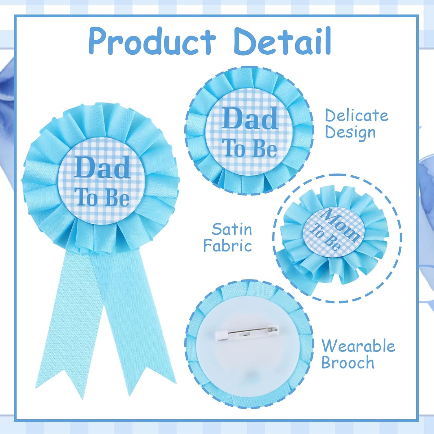 Blue Gingham Baby Shower Pins and Sash Set Blue Gingham Baby Shower Party Favor Set Mom To Be Satin Sash with Mom To Be Pin and Dad To Be Pin for Expecting Parents Gender Reveal Celebration