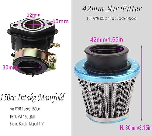 Miniatura 5 de Carburador de 150cc para motores GY6 4 tiempos choke eléctrico motocicleta scooter 152QMJ 157QMI con colector de admisión