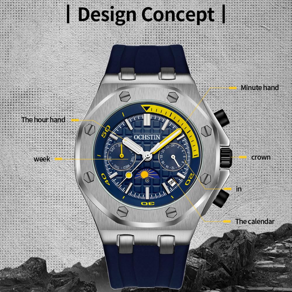 Modische Sportliche Mechanische Uhren Herren-Automatikuhr Mit Mondphase, Wochenkalender, Wasserdicht Tourbillon Armbanduhr, Silikonarmband Und Leuchtzeigern
