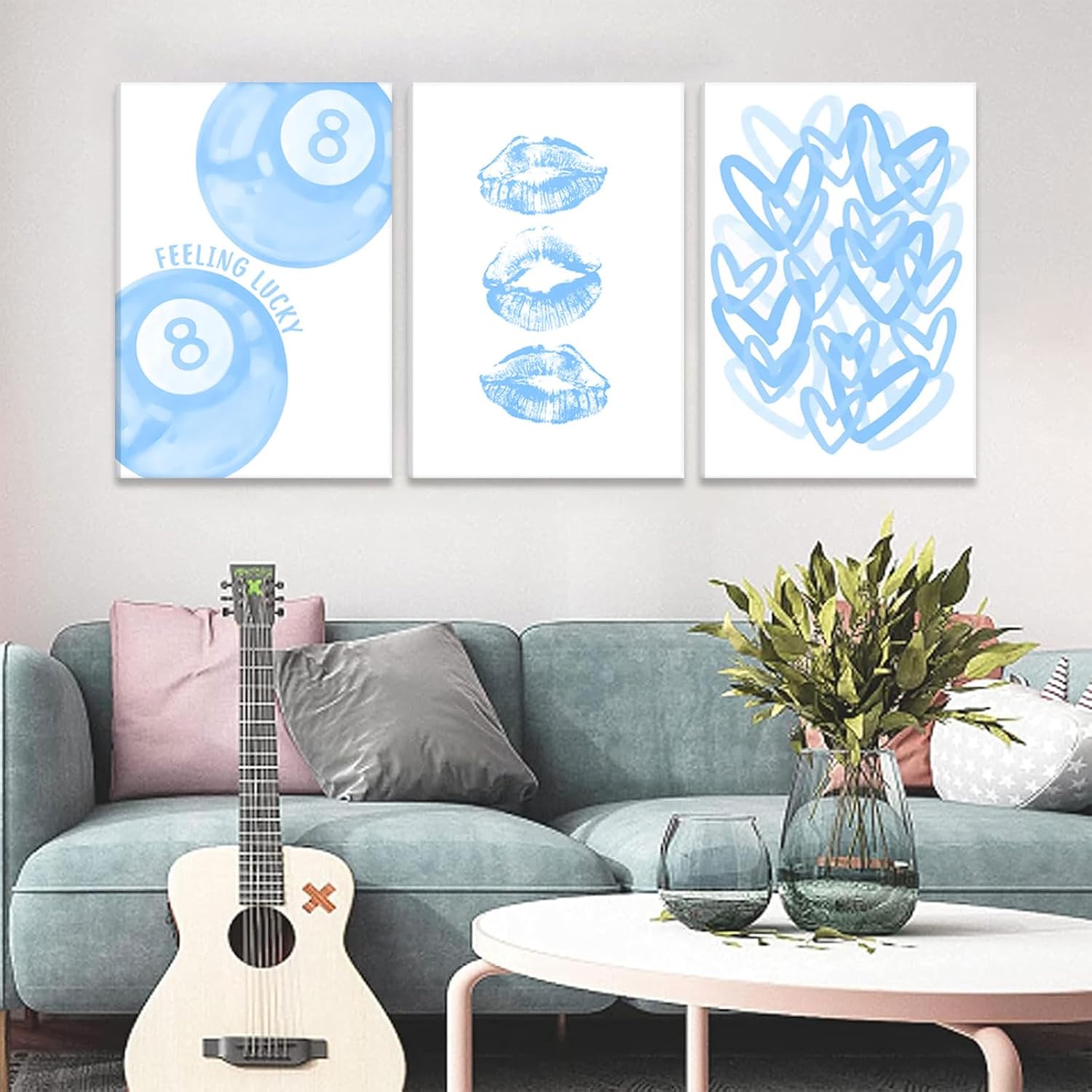 3Pcs Trendy Blue Preppy Canvas Wall Art Light Blue Cute Girly Lips Lucky 8 Ball Hearts Paintings Pictures Wall Decor Coquette Poster Printing Artwork for College Dorm Room Bedroom Home Decoration image 4