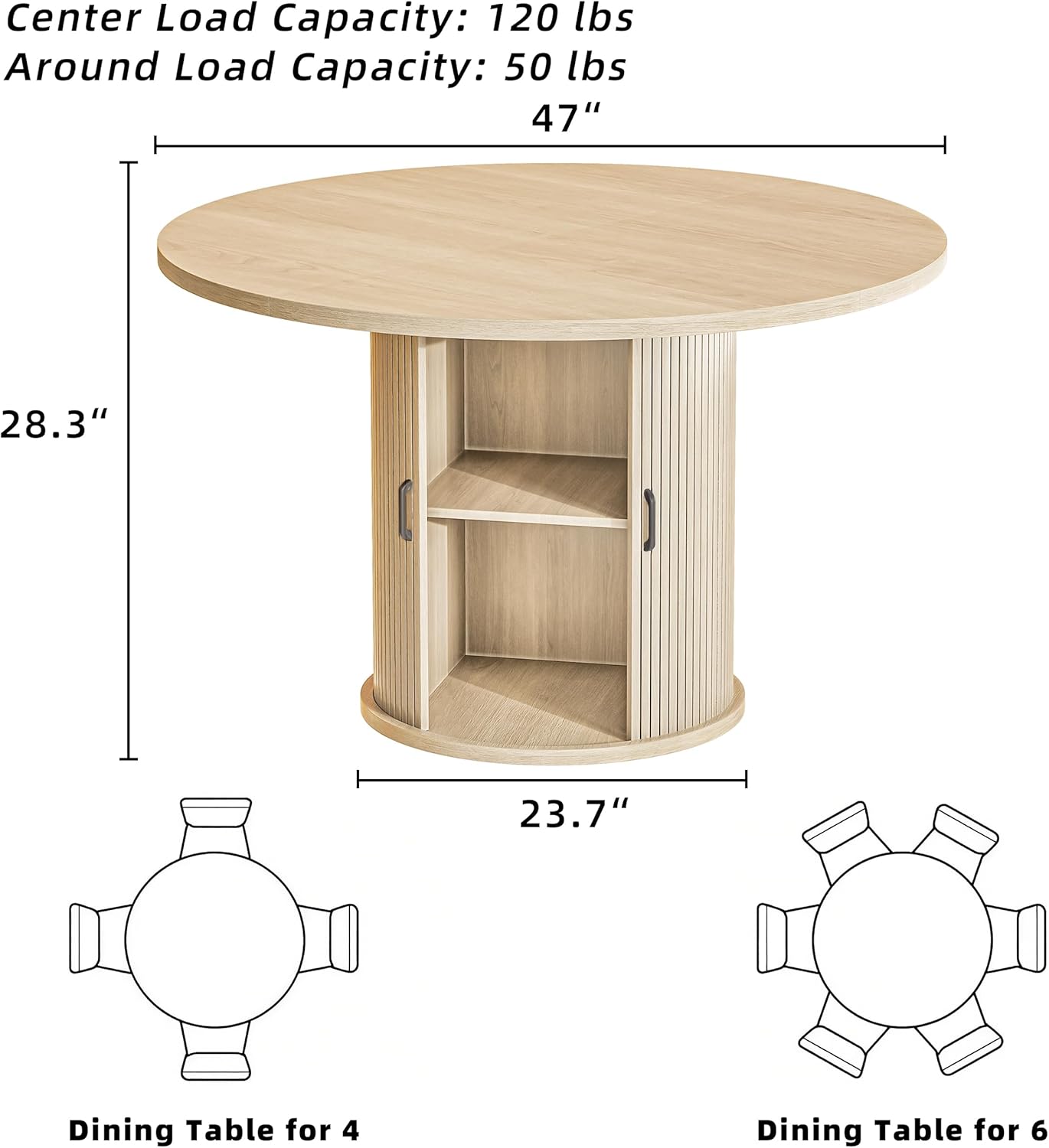 47 Inch Round Dining Table for 4-6 Round Table Kitchen Modern Round Dining Room Table with 2-Layer Storage Shelf and Wood Slide Door Circle Kitchen Tables for Dining Room Oak