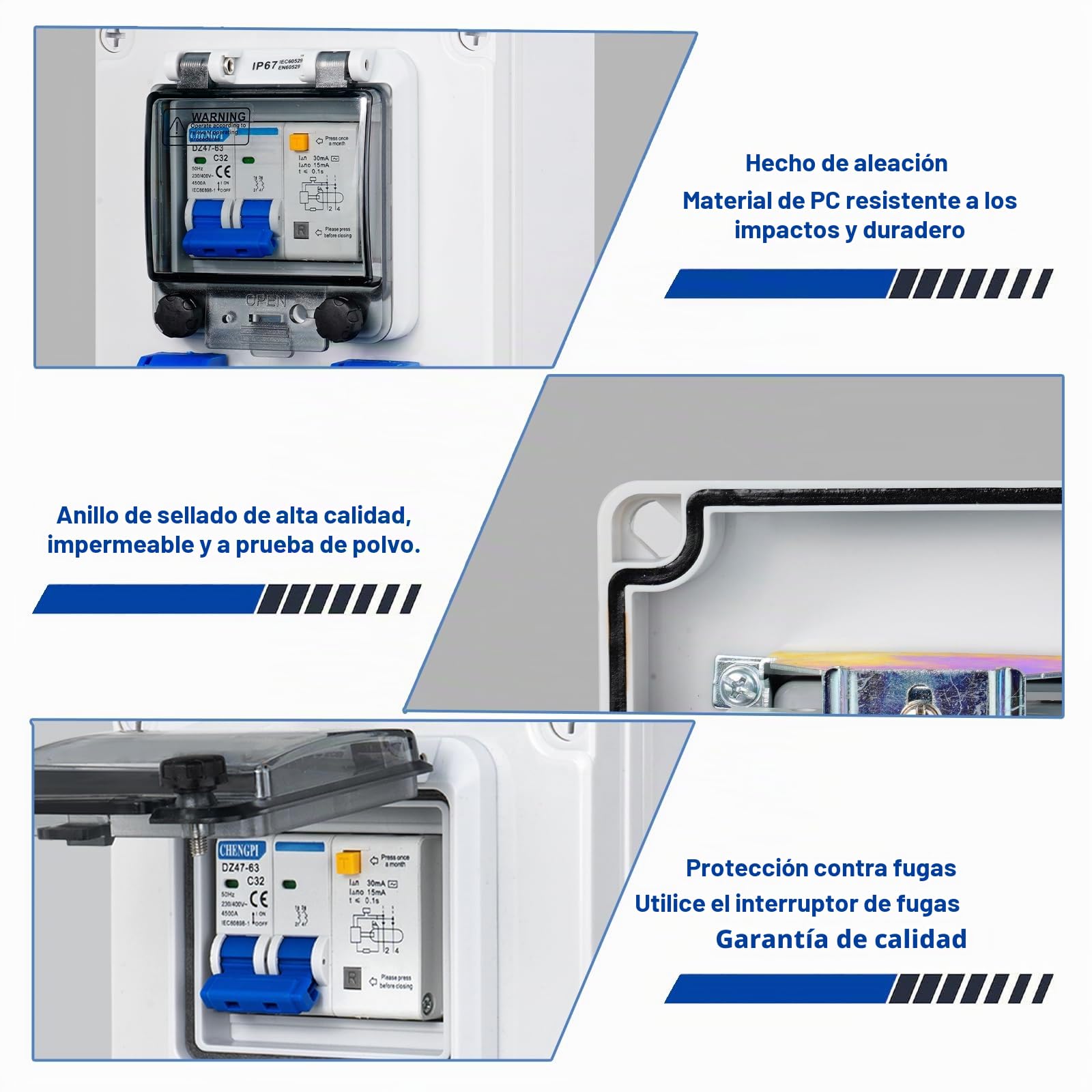 Distribuidor de Corriente con Interruptor FI 1P + N 16A, Caja Enchufes Pared con 2 Enchufes Schuko de AC 250V/16a, Caja de Distribución Portátil de Superficie para Construcción