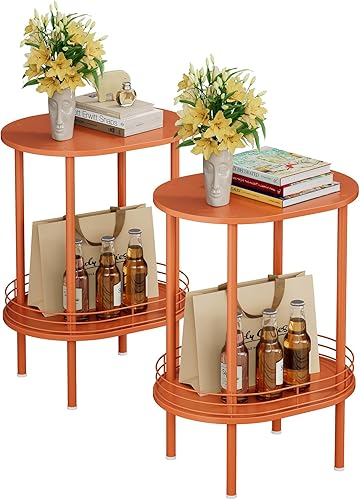 Miniatura 10 de Mesa auxiliar redonda pequeña y moderna con almacenamiento, mesas auxiliares de 2 niveles, mesita de noche resistente para espacios pequeños, sala
