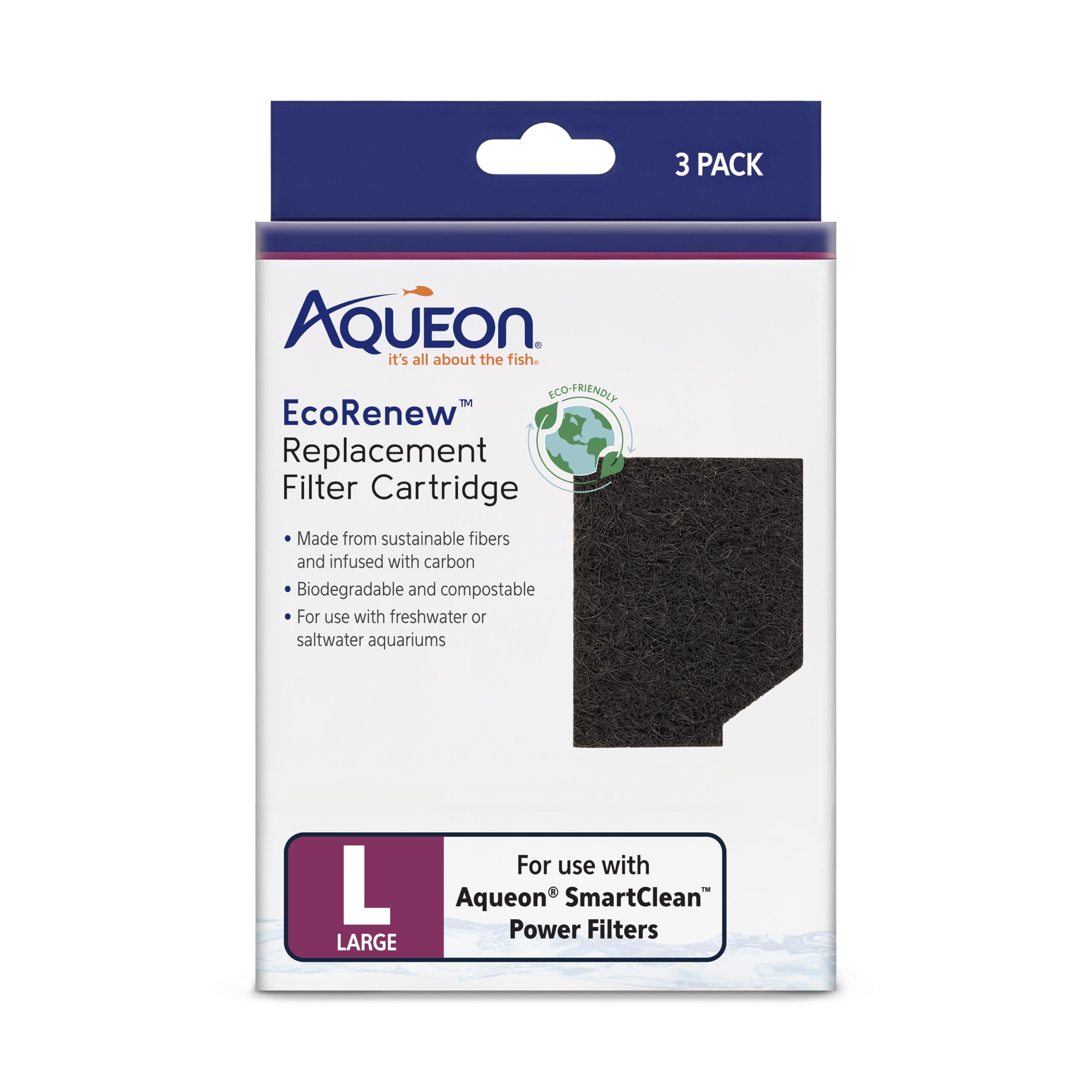 Aqueon Genuine EcoRenew Filter Cartridges, for Freshwater and Saltwater Aquariums, Large, 3-Pack