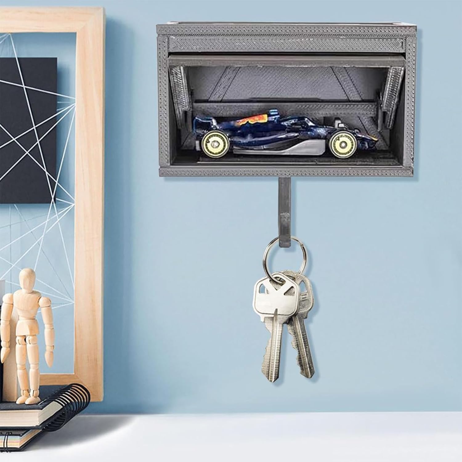 2Pcs Car Garage Key Holder with Opening Door, Car Garage Key Holder, Adhesive Wall Mount Key Rack Organizer, Easy Installation Keys Rack for Entryway - Light Grey