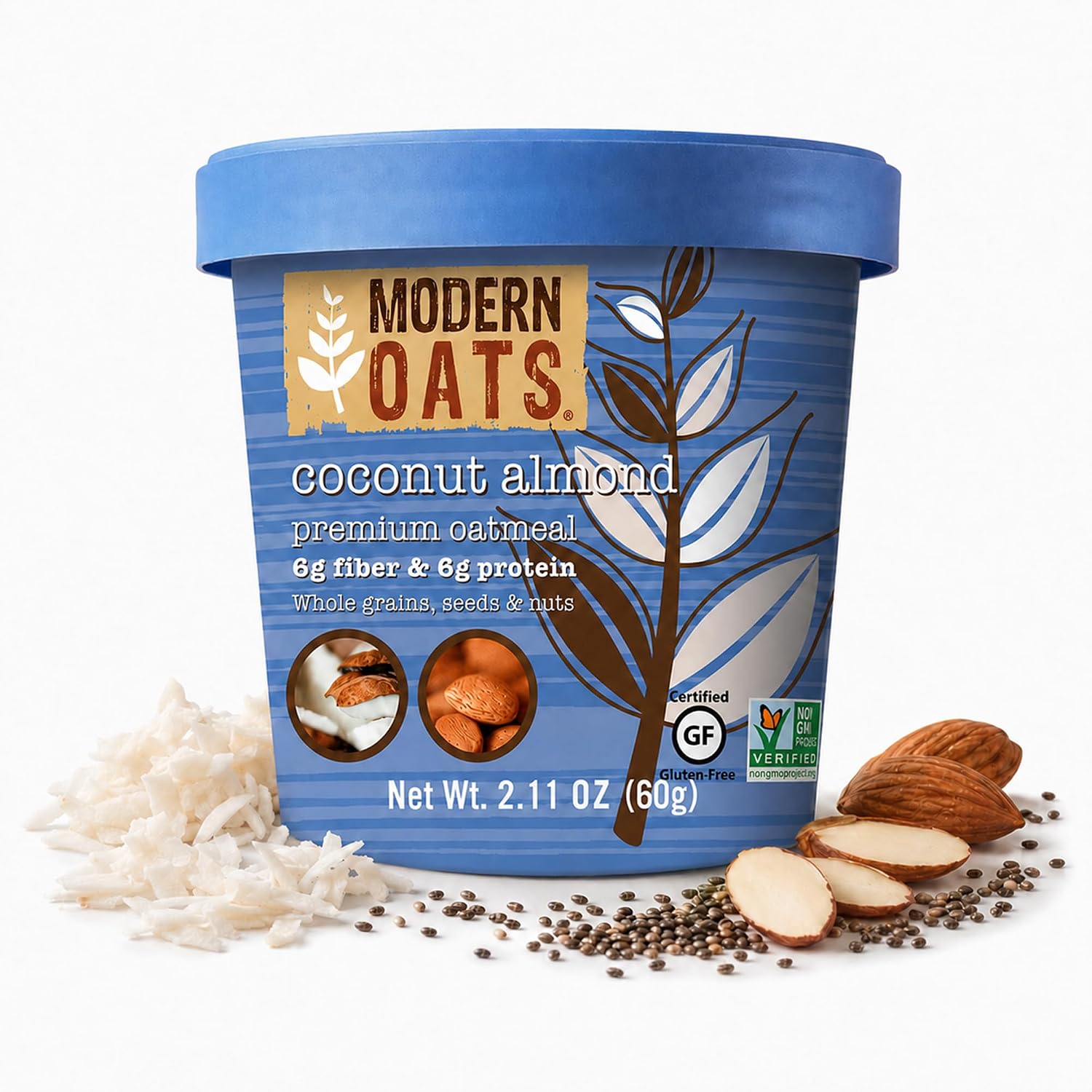 Modern Oats Coconut Almond Instant Oatmeal Cups with Lid; Gluten-Free, Vegan, Non-GMO Oatmeal with Protein & Fiber; Breakfast On the Go; Whole Grain Oats with Shredded Coconut, Almonds & Chia Seeds; 2.11oz (Pack of 12)