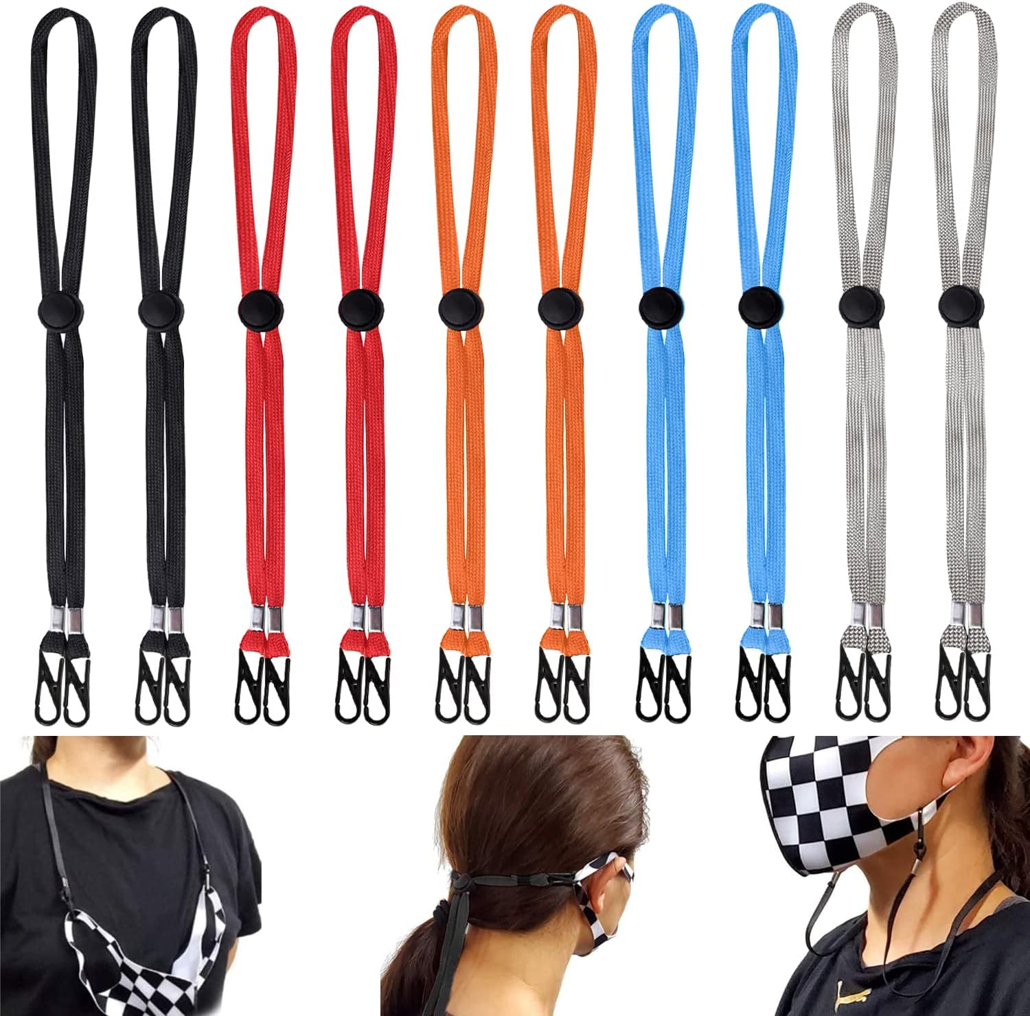 100 Fermoirs Cordon Silicone - Réglables Pour Masques - 9.5mm Noir - Antidérapants