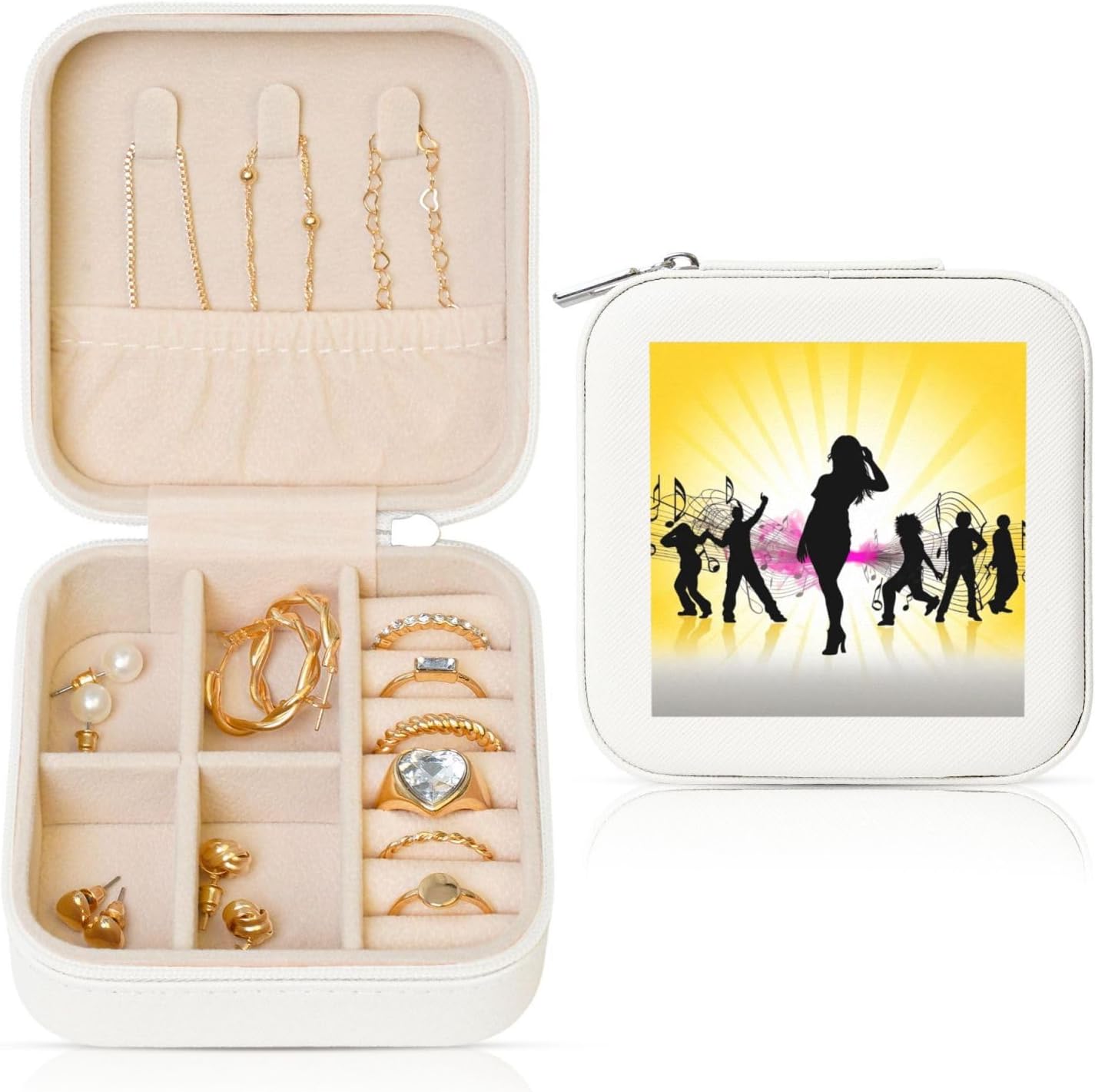 Jewelry Box for Women PU Leather Small Jewelry Organizer Box with Zipper Mini Travel Case Dance Music silhouette Display Storage Holder Boxes for Earrings Rings Necklaces Bracelets