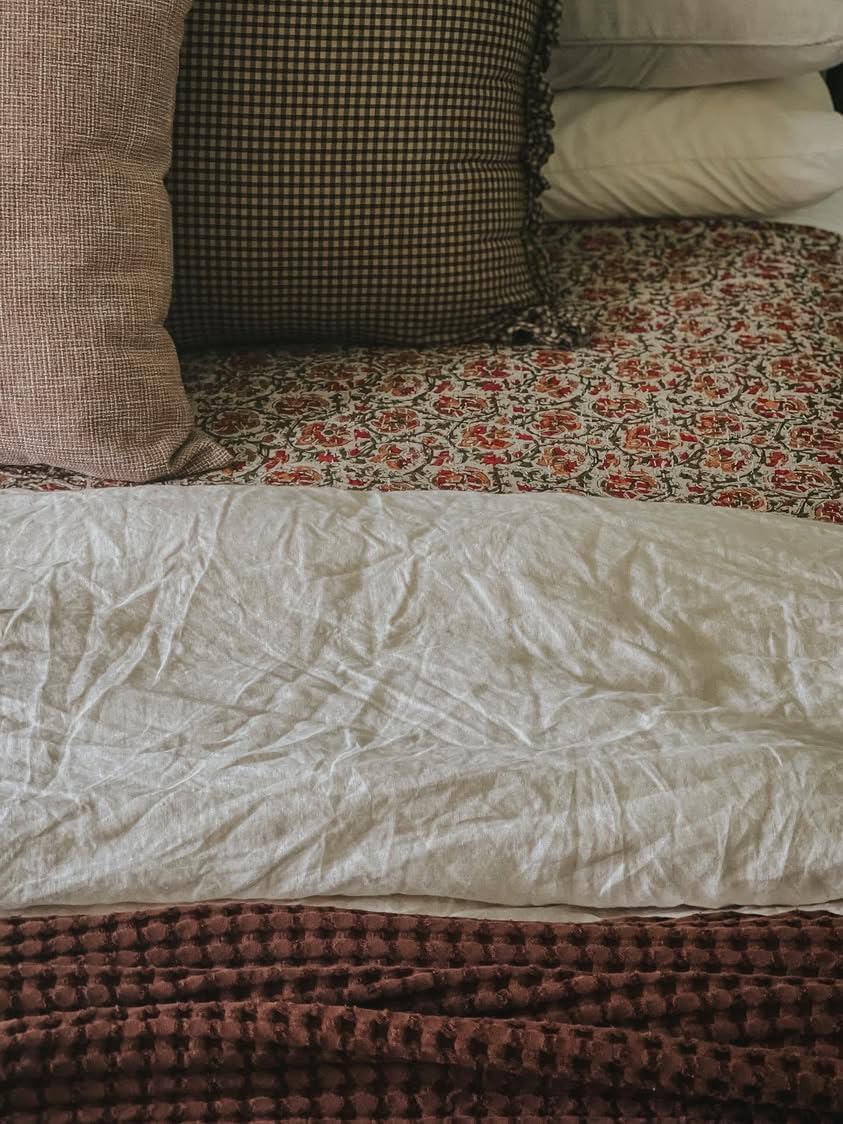 Handmade Kantha Red Floral Block Print Blanket Indian Quilt | Lightweight Vintage Bedspread (Olive Green, Beige, King (108X108), Featuring Hand-Stamped Flowers, Vines, and Leaf Motifs)