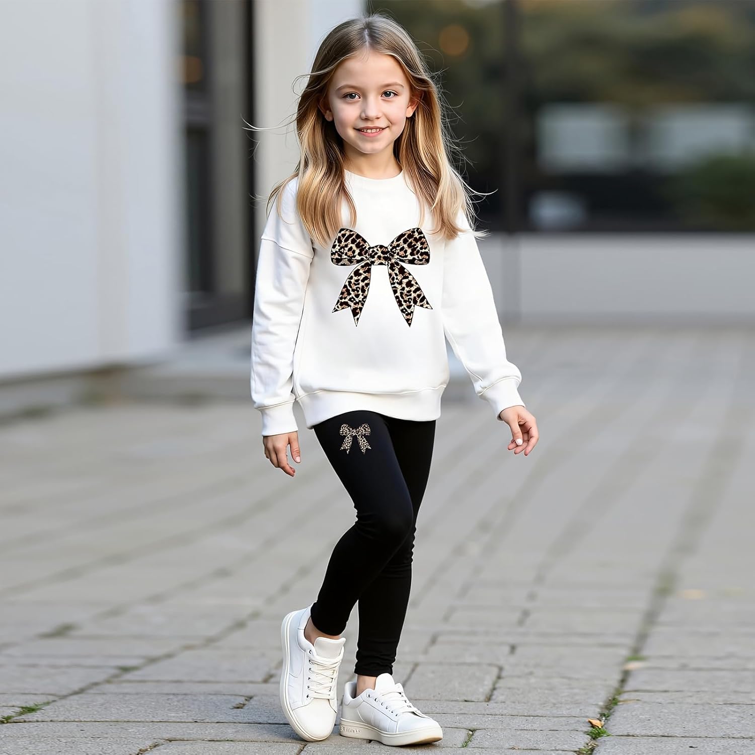Girls Long Sleeve Sweatshirt 2 Piece, Bow Graphic Top and Pants Spring Fall Fashion Casual Clothes. - Image 5