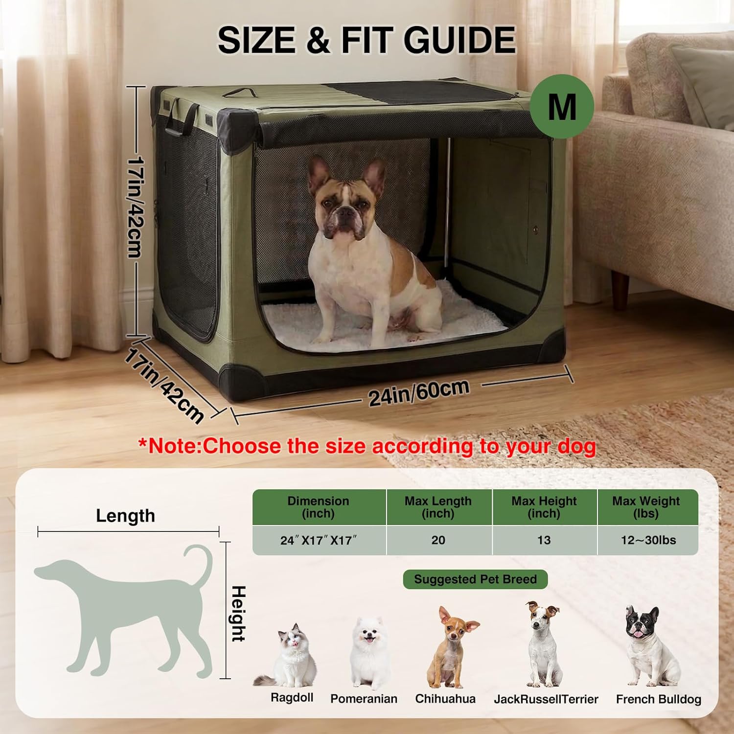 Veraste 24" L x 17" W x 17" H Collapsible Travel Dog Crate, Portable Soft Dog Kennel for Small Medium Pets up to 30 lbs, 4-Door Foldable Travel Crate with Durable Mesh & Storage Bag, Green