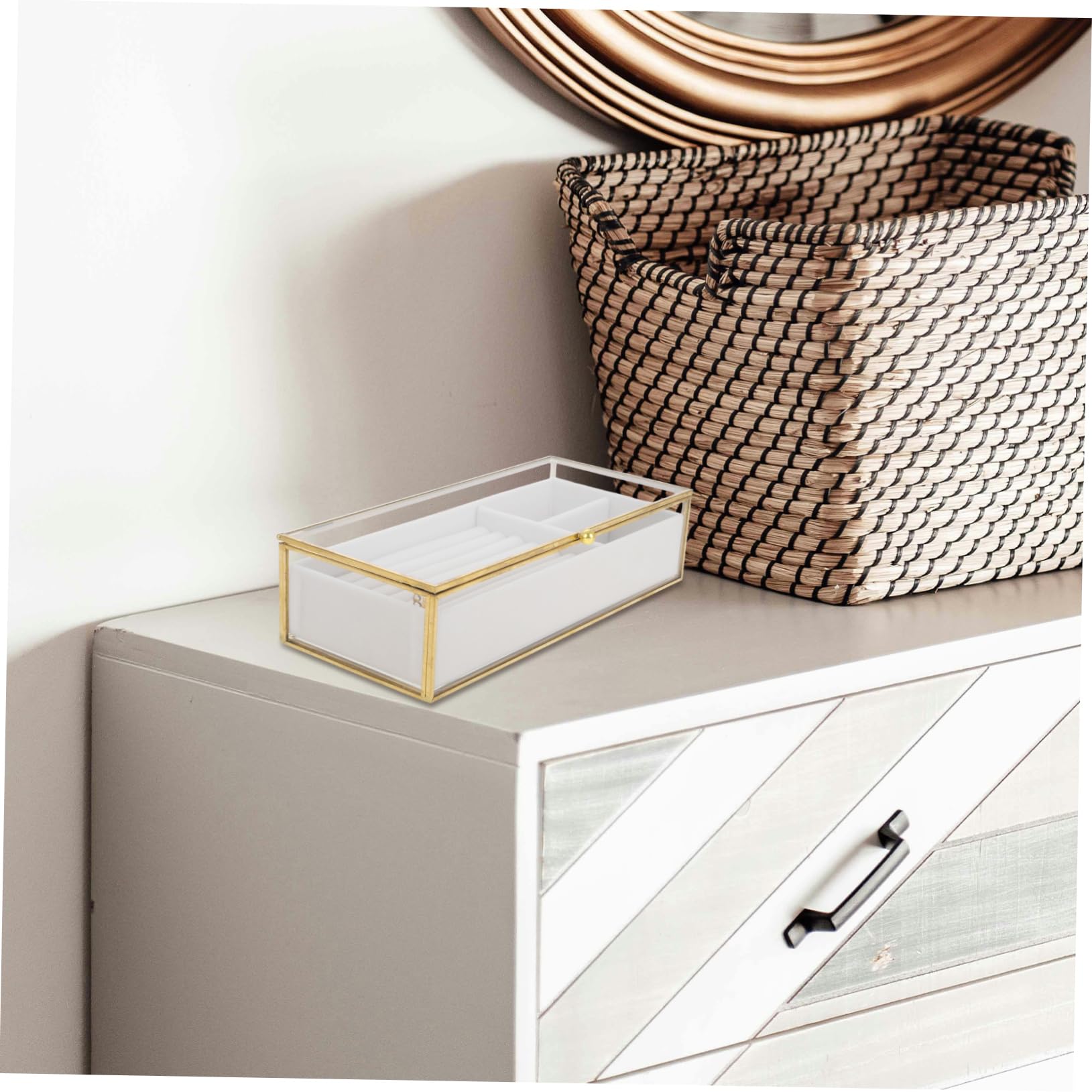 FRCOLOR Schmuckorganizer aus Glas mit Deckel Ohrring-aufbewahrungsbox Ringbox und Halsketten-schmuckschatulle für Damen Ästhetische Schmuckschatulle mit Fächern für Effiziente