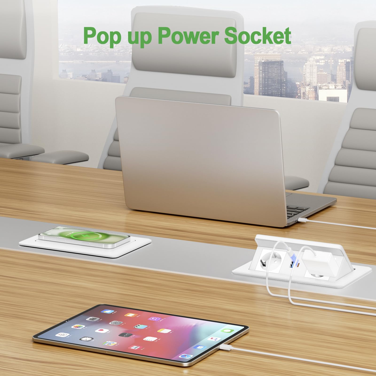 Prise Encastrable Plan de Travail avec USB C PD 20 W et 15 W - Chargeur sans Fil, Multiprise Encastrable Plan de Travail USB C pour Table de Canapé, Maison Bureau - Câble de 1,8 m, Blanc